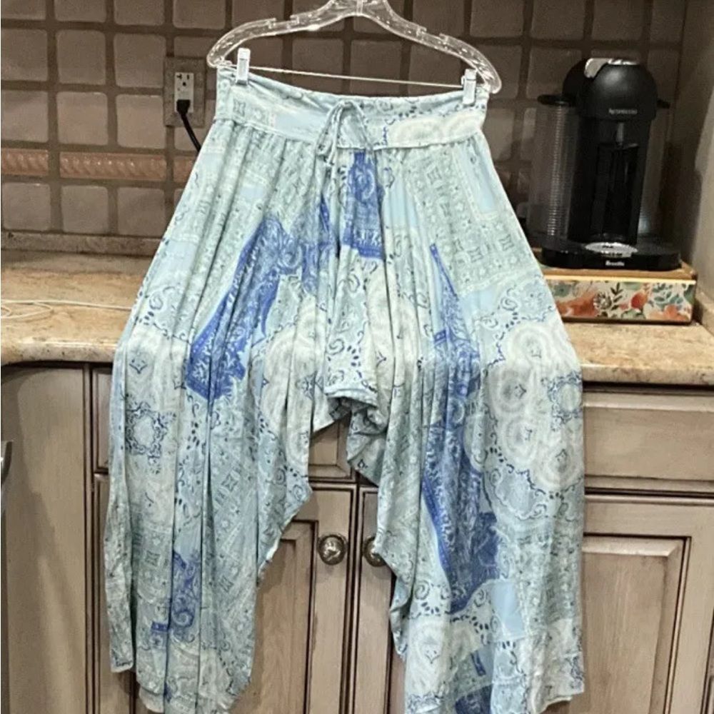 Free People Seven Stars Printed Pants Paisley Wide Leg Blue White Green - Picture 6 of 6